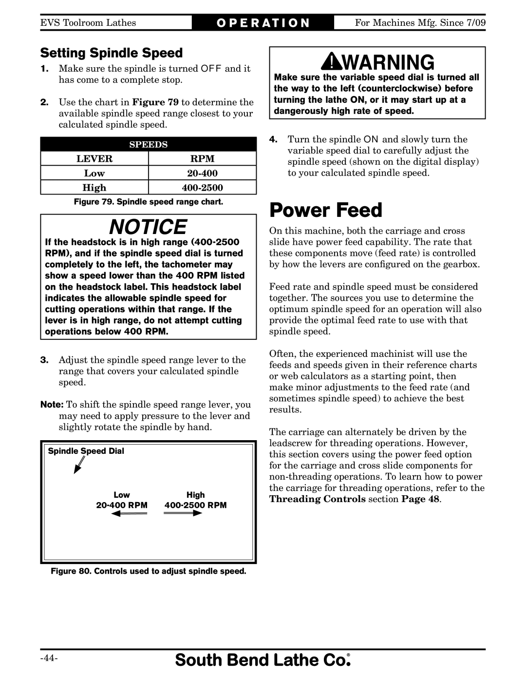 Southbend SB1012, SB1014, SB1015, SB1038, SB1037, SB1013 owner manual Power Feed, Setting Spindle Speed 