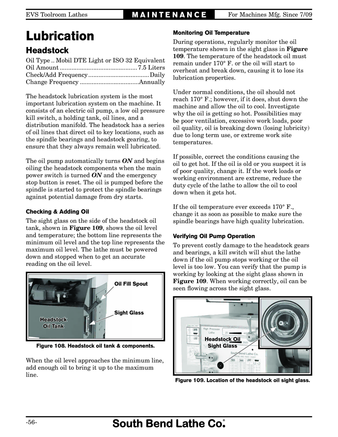 Southbend SB1012 Lubrication, Headstock, Checking & Adding Oil, Monitoring Oil Temperature, Verifying Oil Pump Operation 
