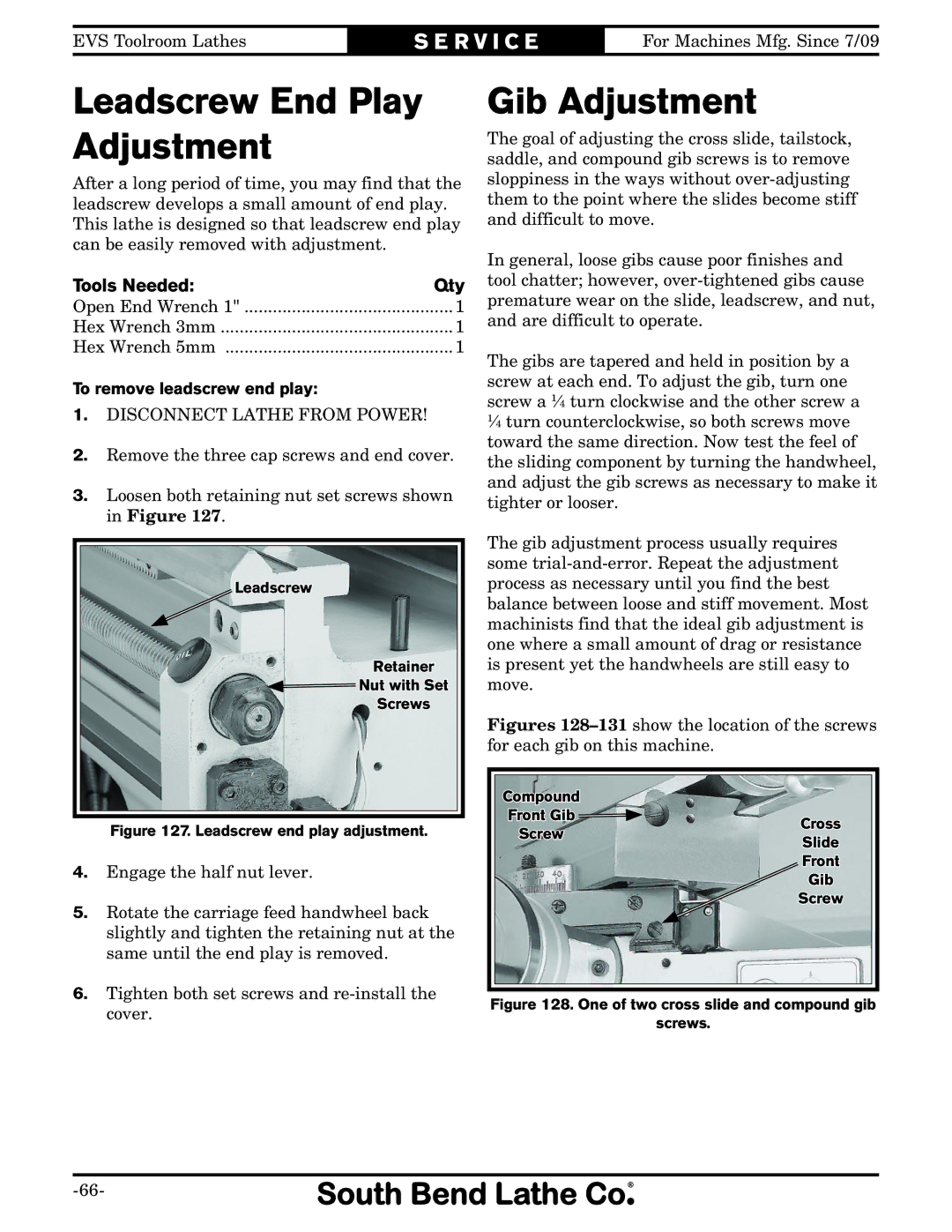 Southbend SB1038, SB1014, SB1015, SB1037, SB1012 Leadscrew End Play Adjustment, Gib Adjustment, To remove leadscrew end play 