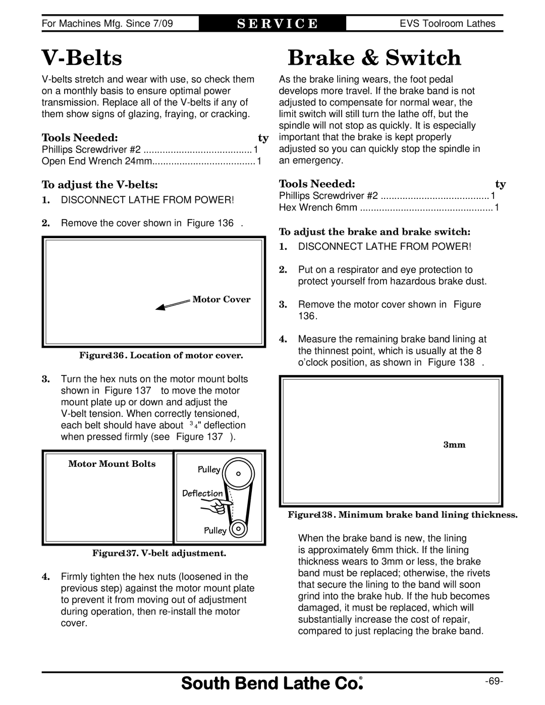 Southbend SB1013 Belts, Brake & Switch, To adjust the V-belts, Pulley Deflection, To adjust the brake and brake switch 