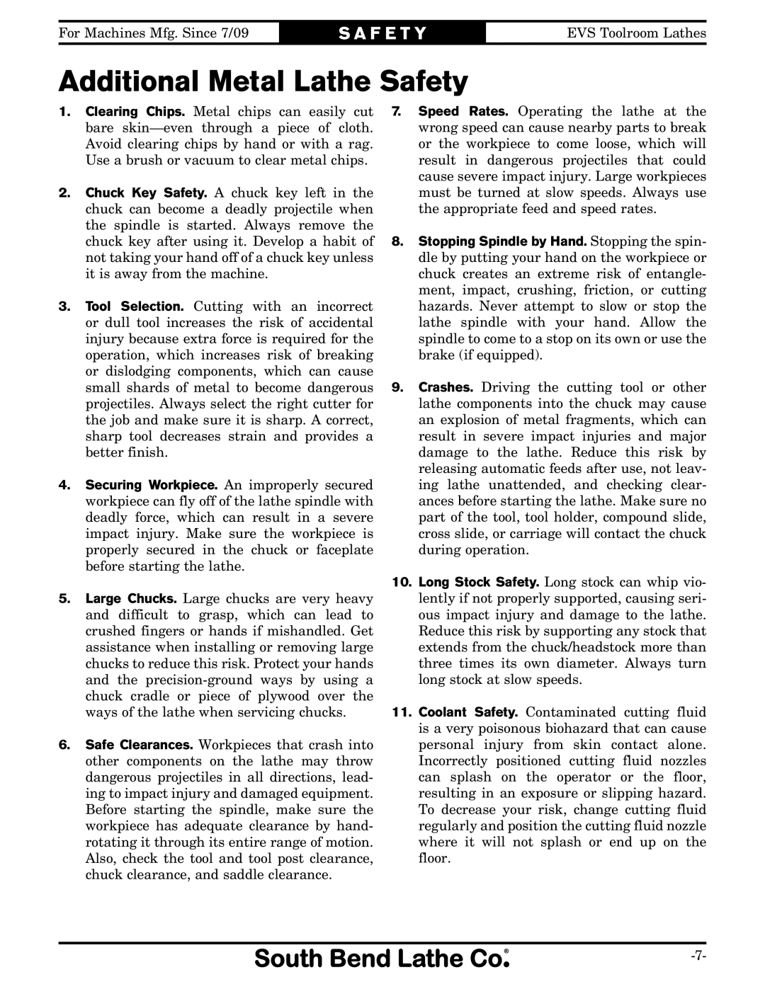 Southbend SB1037, SB1014, SB1015, SB1038, SB1012, SB1013 owner manual Additional Metal Lathe Safety 