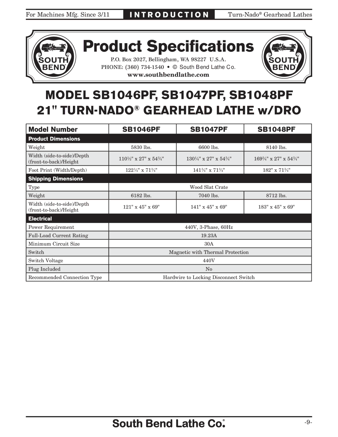 Southbend SB10146PF owner manual Product Specifications 