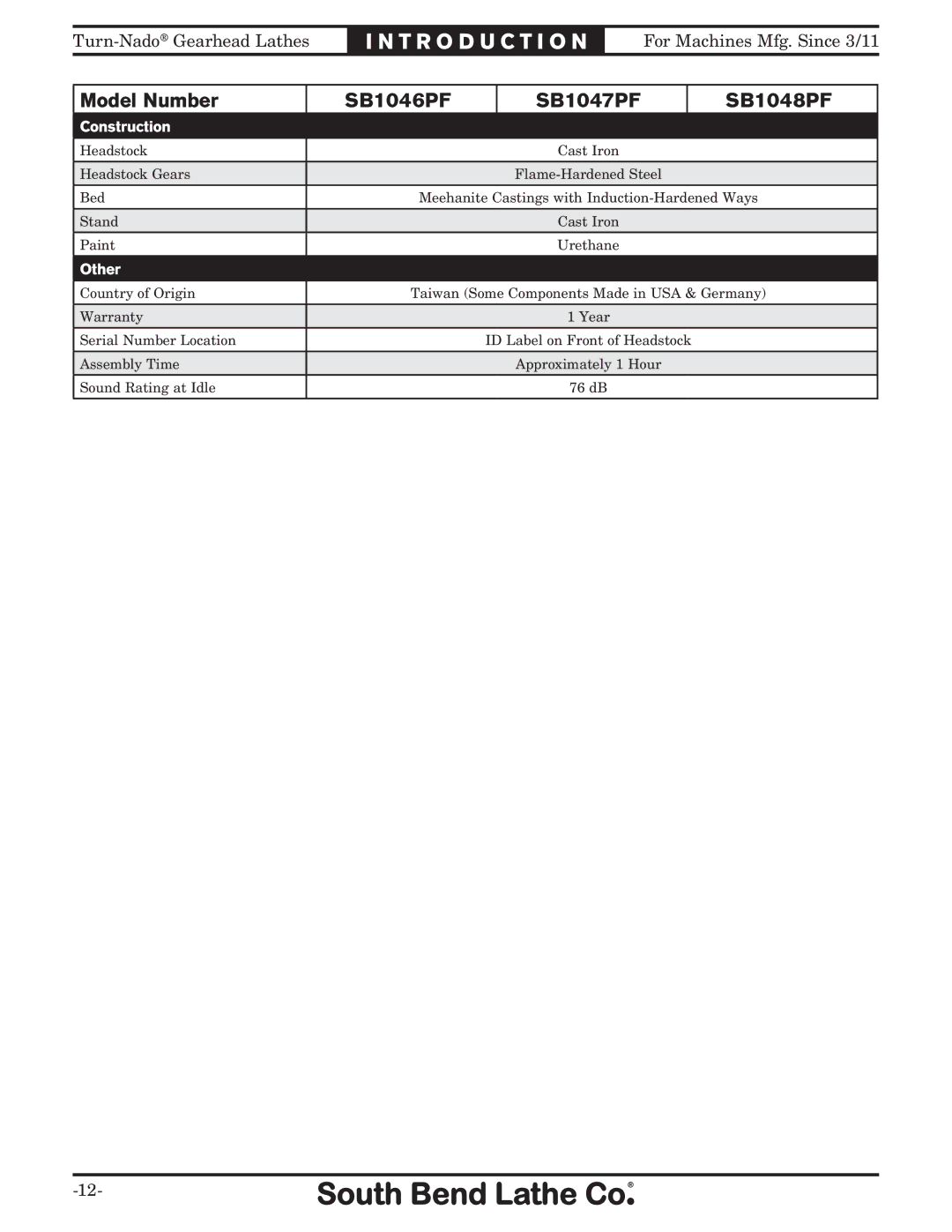 Southbend SB10146PF owner manual Construction 