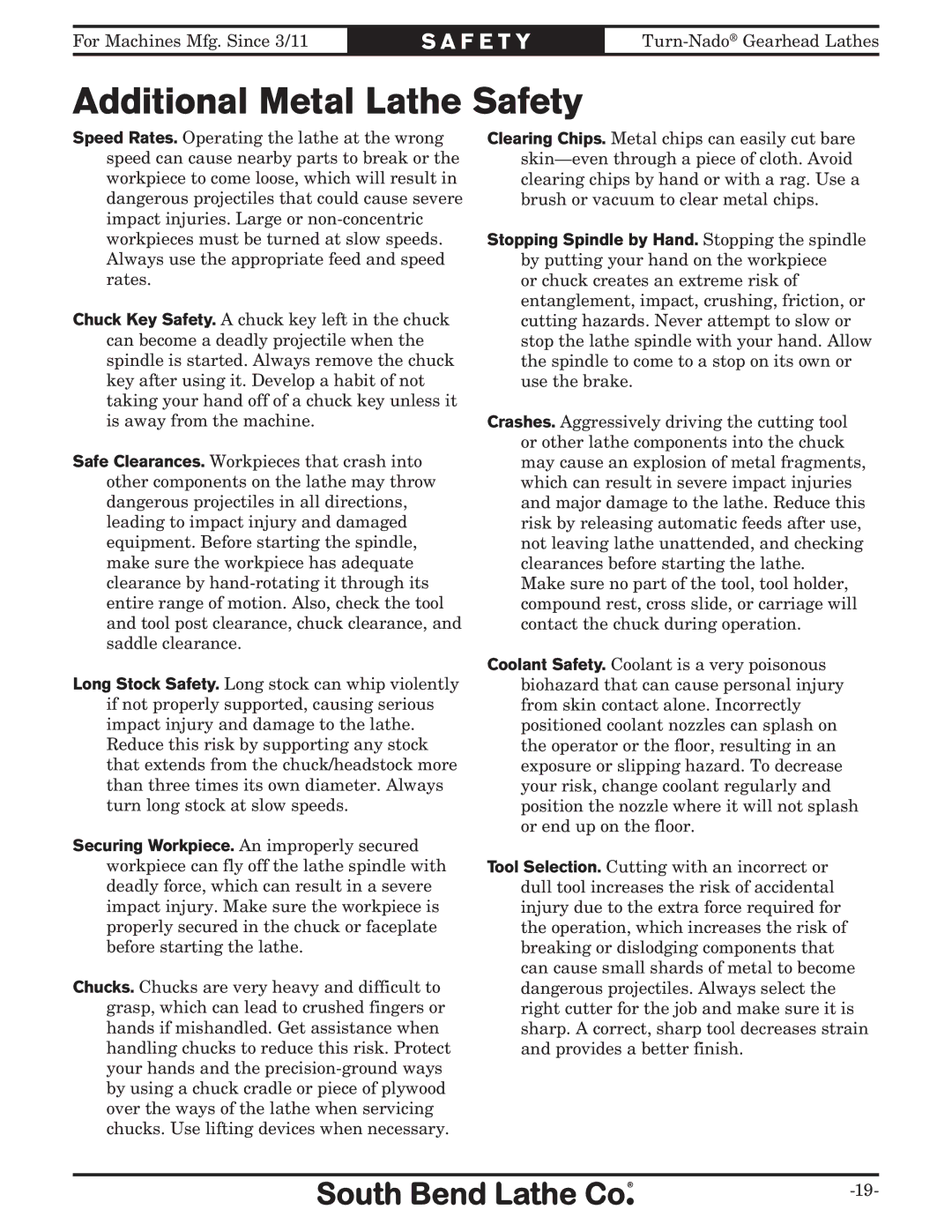 Southbend SB10146PF owner manual Additional Metal Lathe Safety 