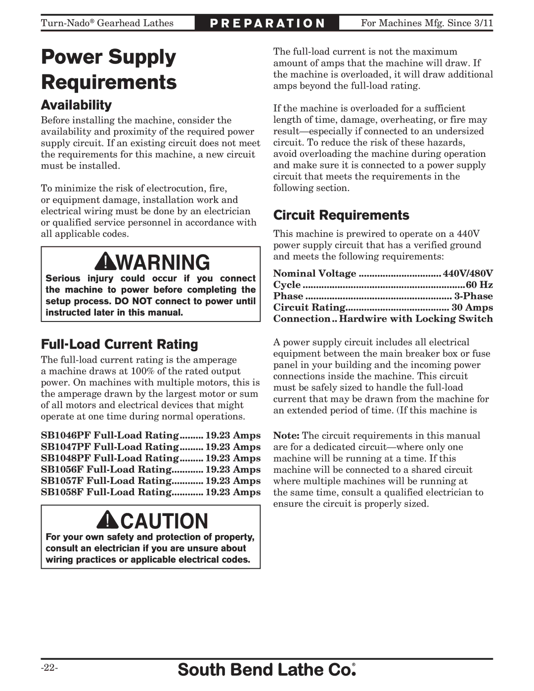 Southbend SB10146PF owner manual Power Supply Requirements, Availability, Full-Load Current Rating, Circuit Requirements 