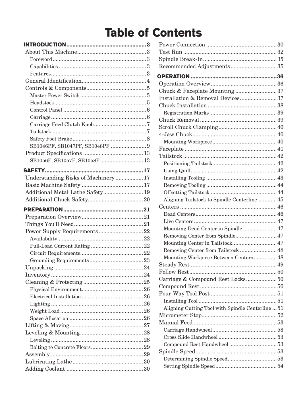 Southbend SB10146PF owner manual Table of Contents 