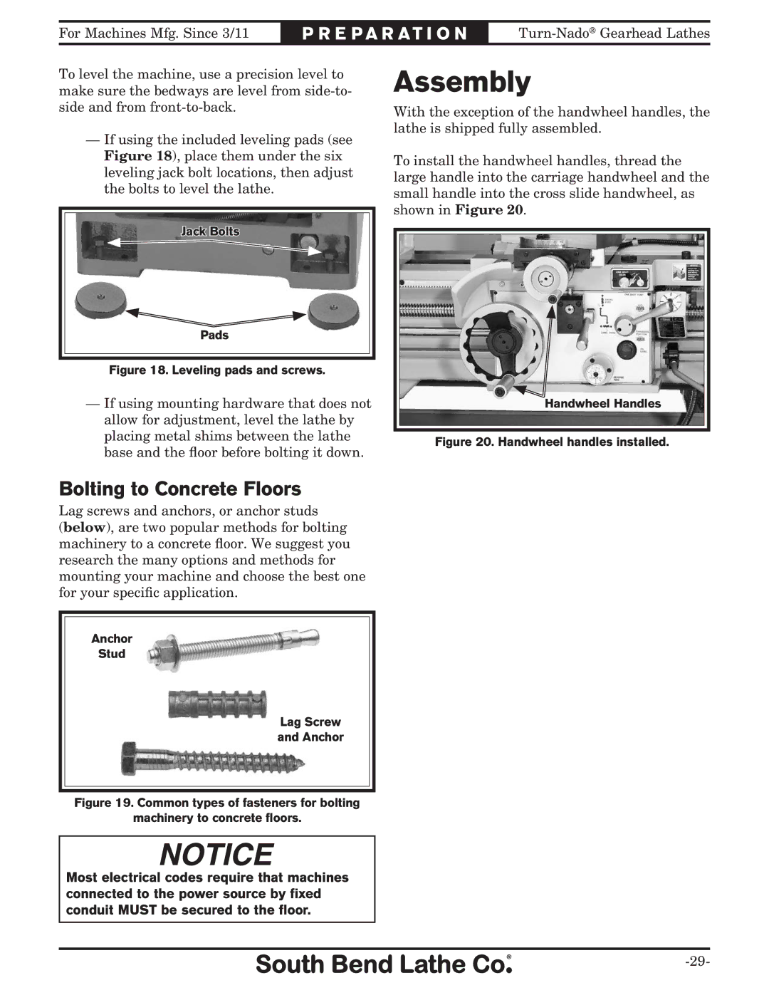 Southbend SB10146PF owner manual Assembly, Bolting to Concrete Floors 