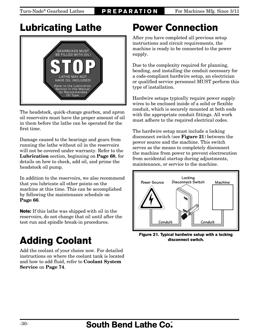 Southbend SB10146PF owner manual Lubricating Lathe, Adding Coolant, Power Connection 