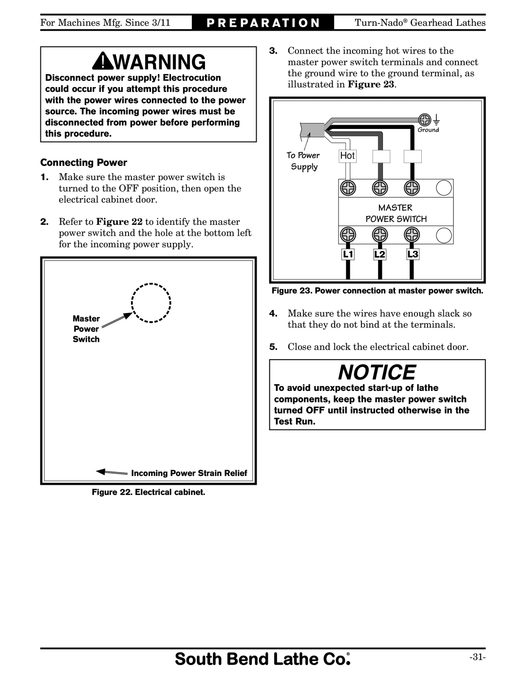 Southbend SB10146PF owner manual Connecting Power, Hot 