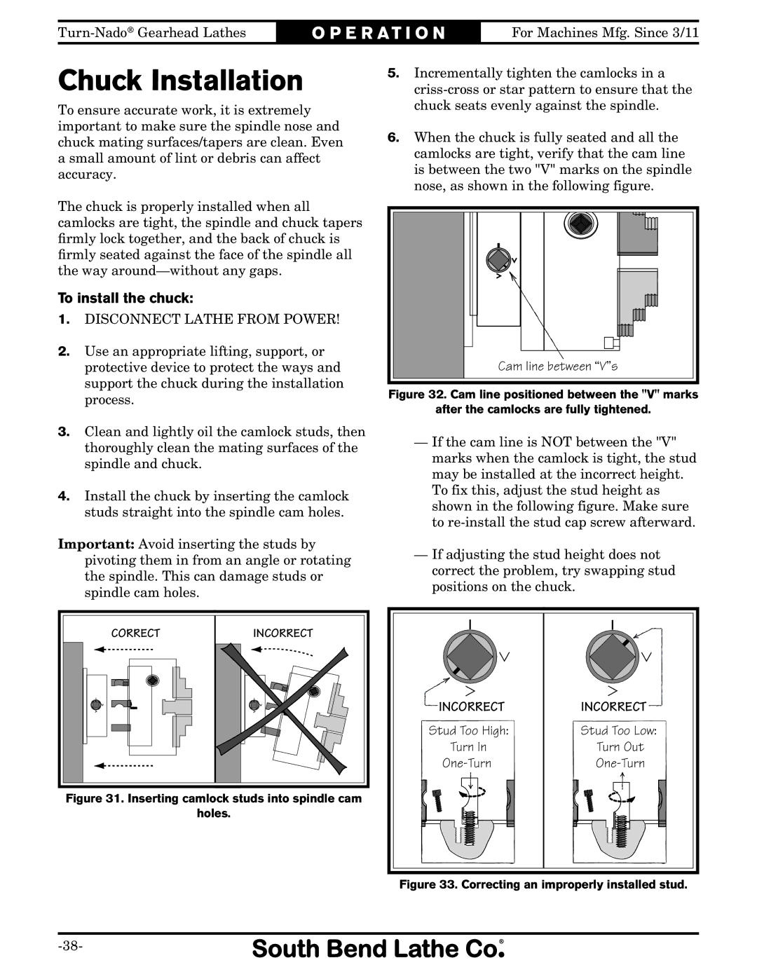 Southbend SB10146PF owner manual Chuck Installation, To install the chuck 