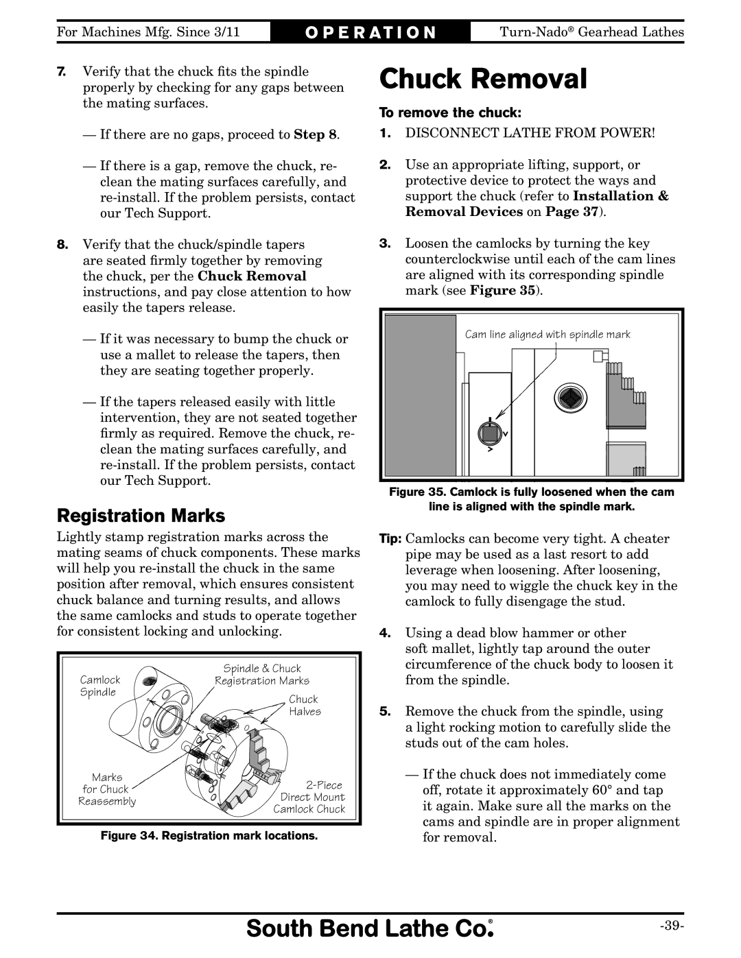 Southbend SB10146PF owner manual Chuck Removal, Registration Marks, To remove the chuck 