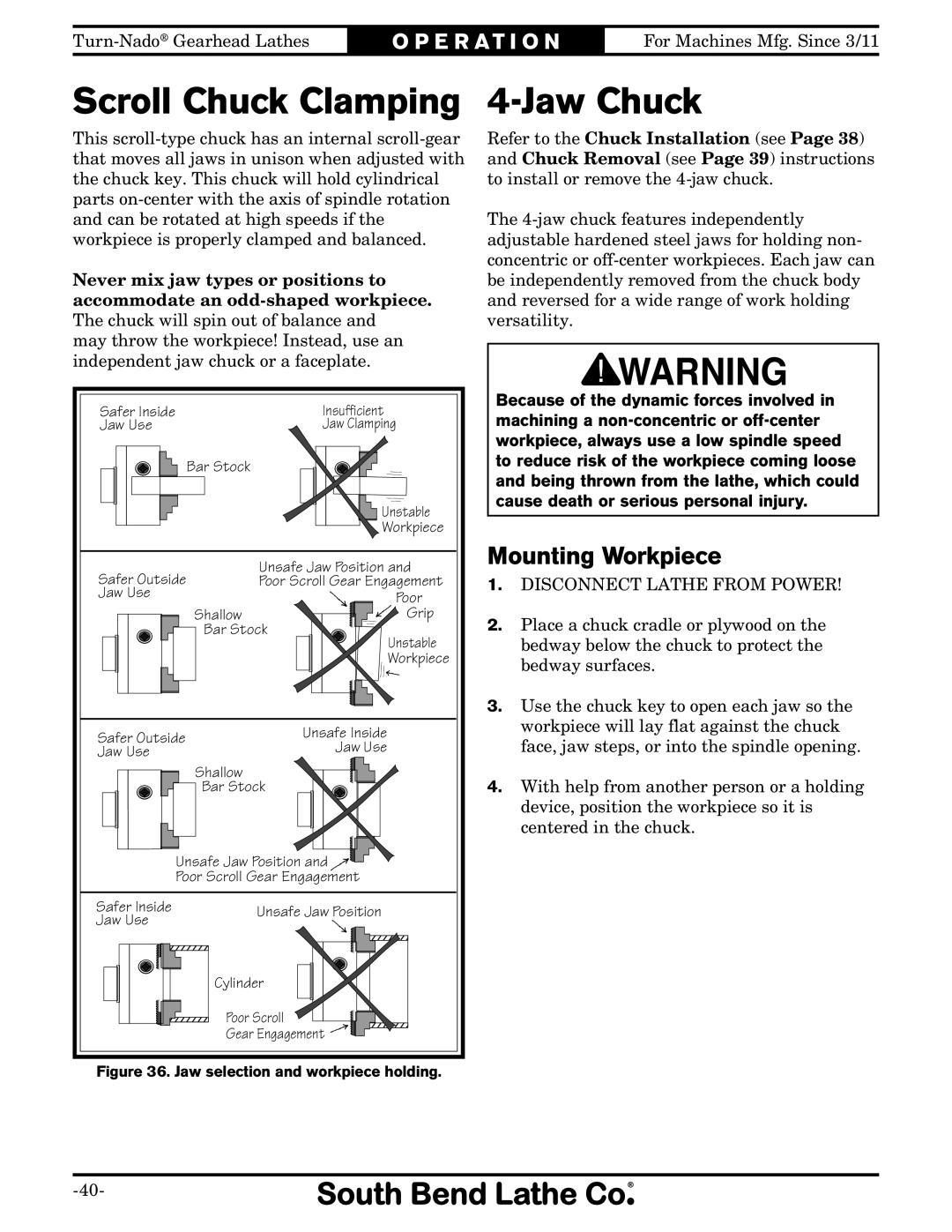 Southbend SB10146PF owner manual Scroll Chuck Clamping, Jaw Chuck, Mounting Workpiece 