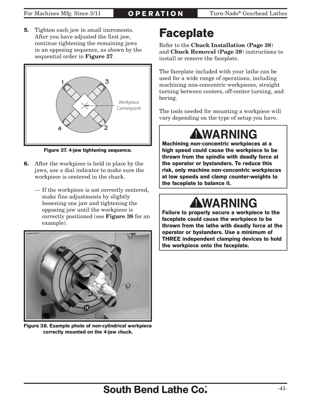 Southbend SB10146PF owner manual Faceplate, Jaw tightening sequence 