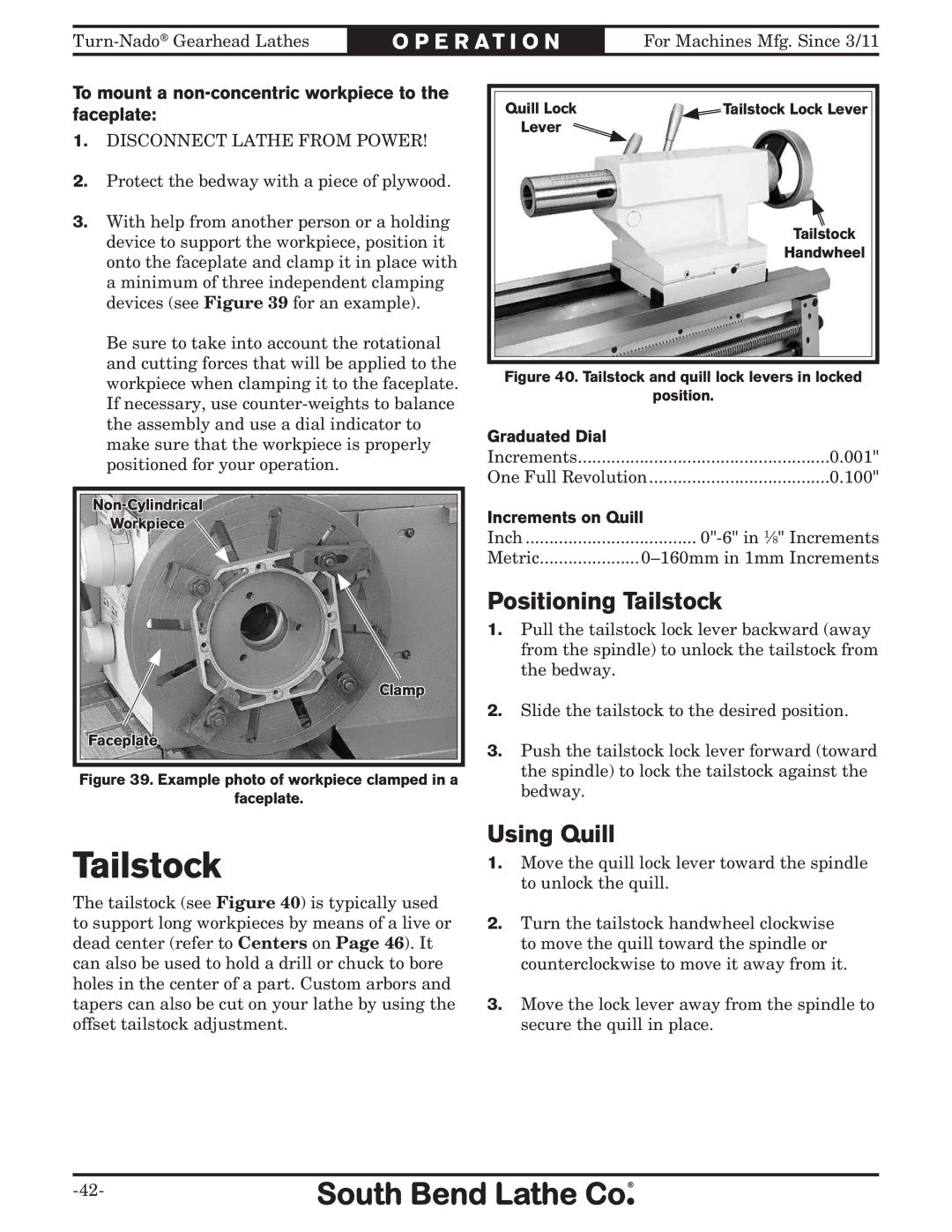 Southbend SB10146PF Positioning Tailstock, Using Quill, To mount a non-concentric workpiece to the faceplate 