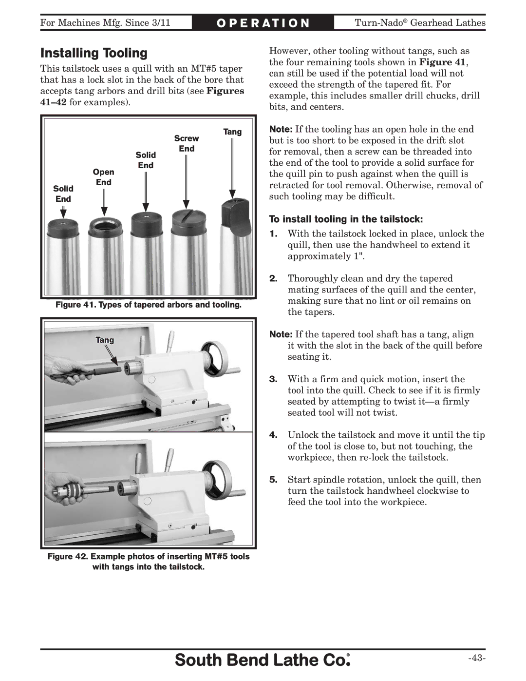 Southbend SB10146PF owner manual Installing Tooling, To install tooling in the tailstock 