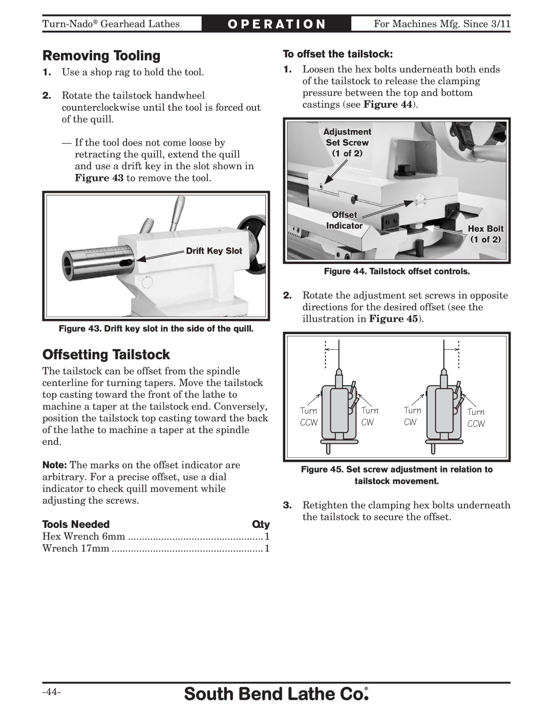 Southbend SB10146PF owner manual Removing Tooling, Offsetting Tailstock, To offset the tailstock, Tools Needed Qty 