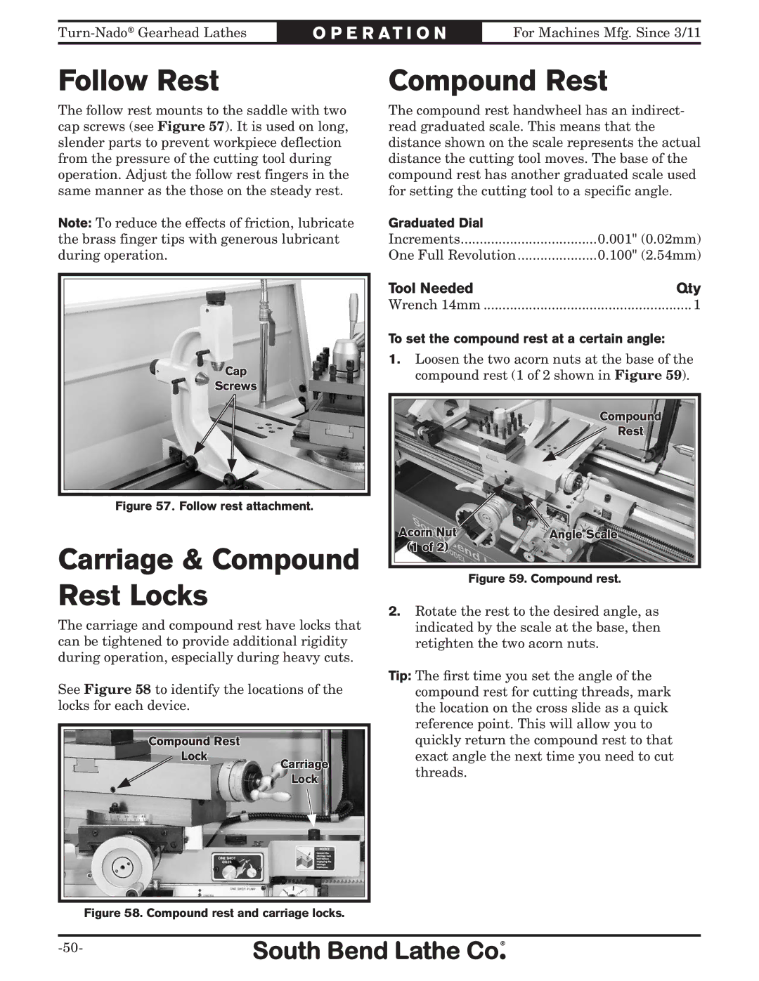 Southbend SB10146PF owner manual Follow Rest, Compound Rest, Tool Needed Qty, To set the compound rest at a certain angle 