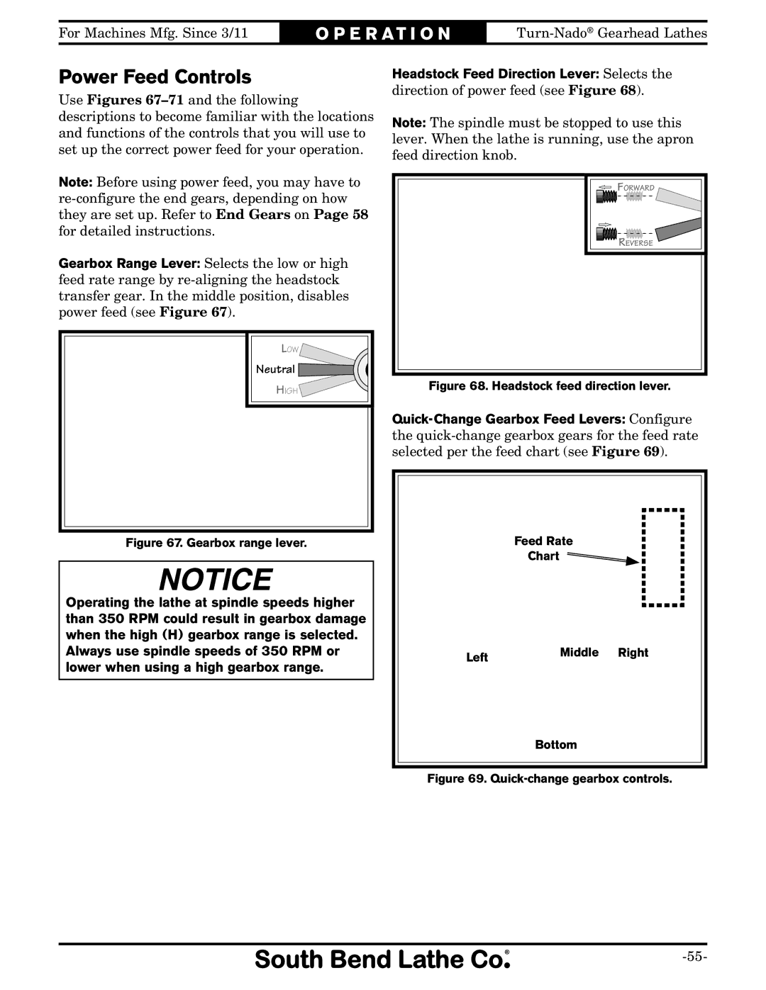 Southbend SB10146PF owner manual Power Feed Controls, Gearbox range lever 