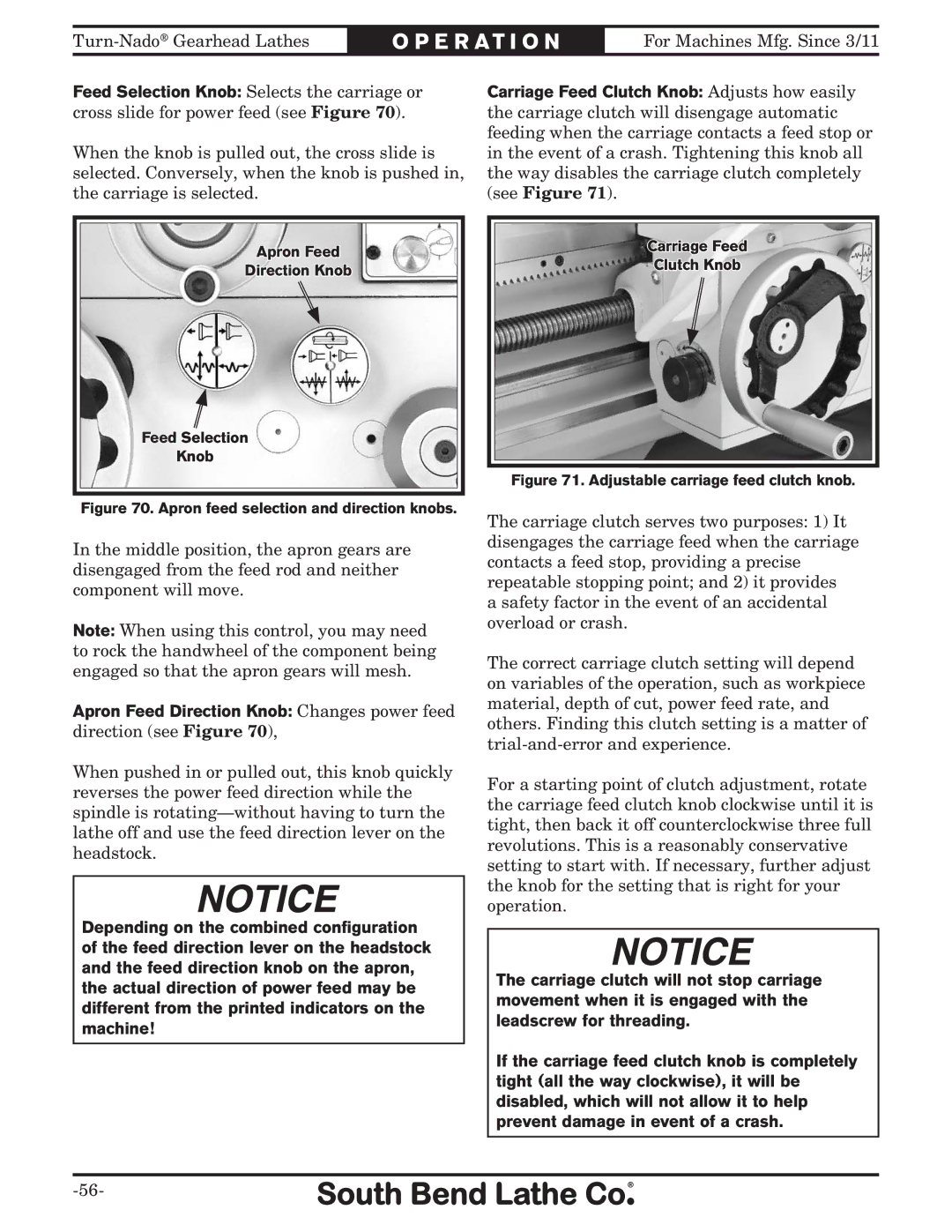 Southbend SB10146PF owner manual Apron feed selection and direction knobs 