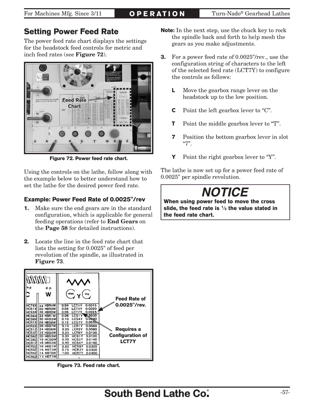 Southbend SB10146PF owner manual Setting Power Feed Rate, Example Power Feed Rate of 0.0025/rev 