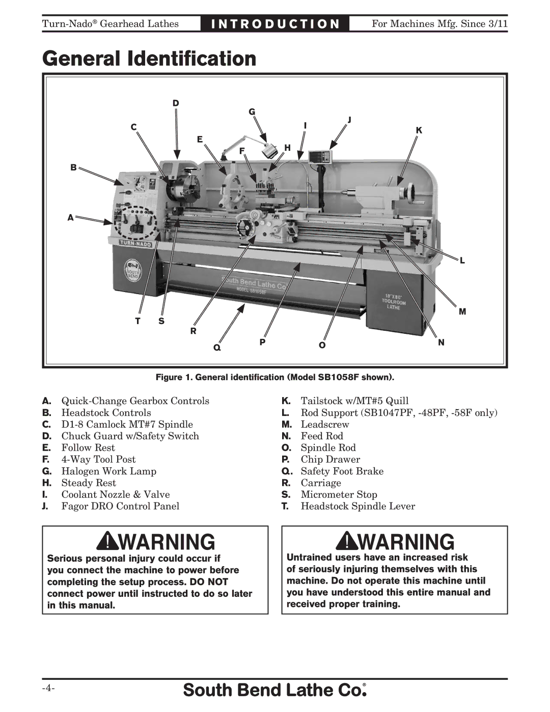 Southbend SB10146PF owner manual General Identification, General identification Model SB1058F shown 