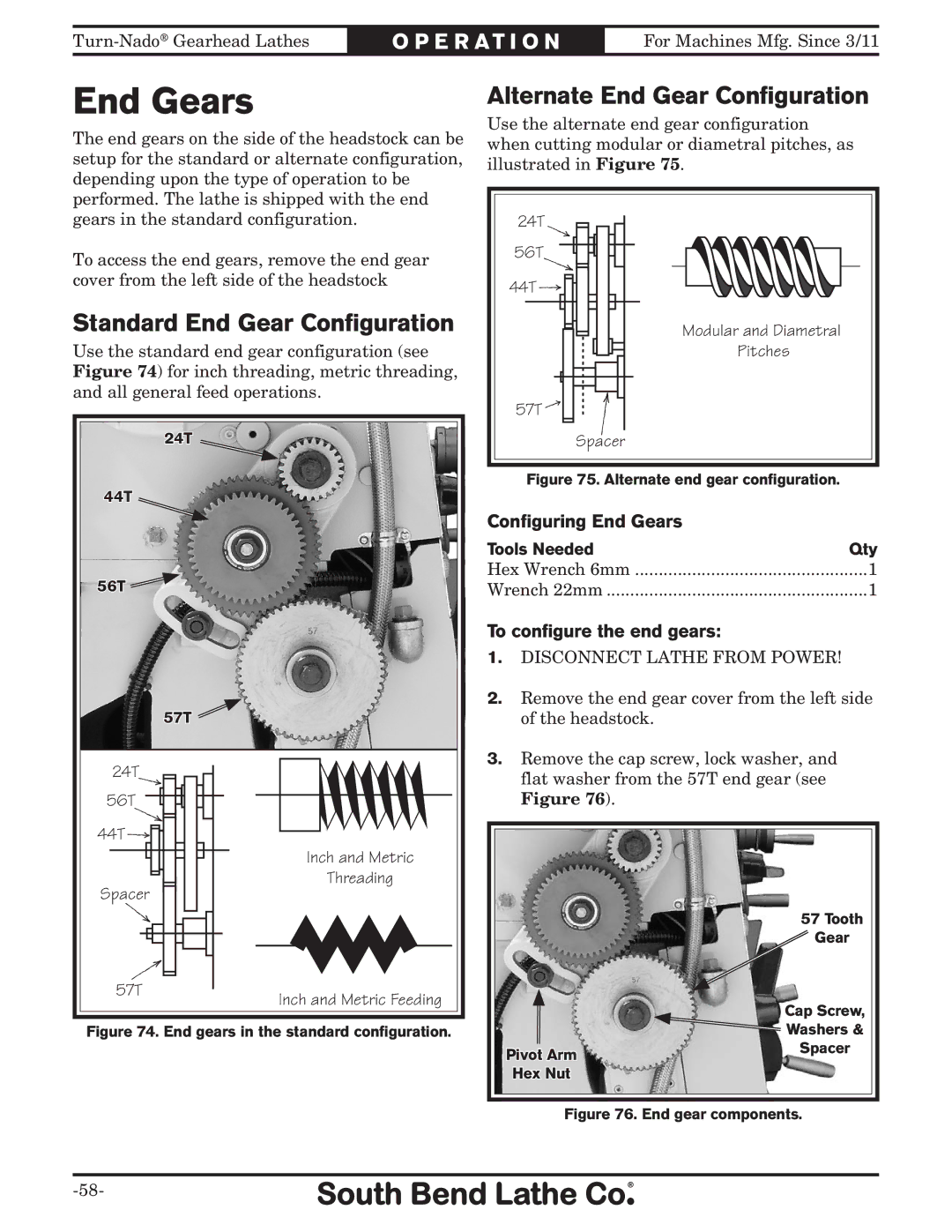 Southbend SB10146PF Standard End Gear Configuration, Alternate End Gear Configuration, Configuring End Gears 