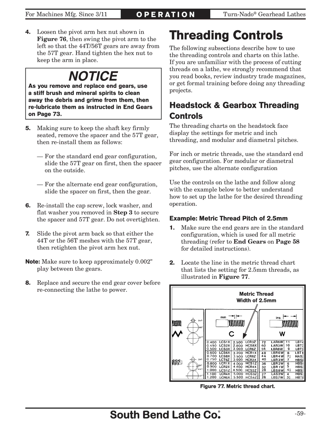 Southbend SB10146PF owner manual Headstock & Gearbox Threading Controls, Example Metric Thread Pitch of 2.5mm 