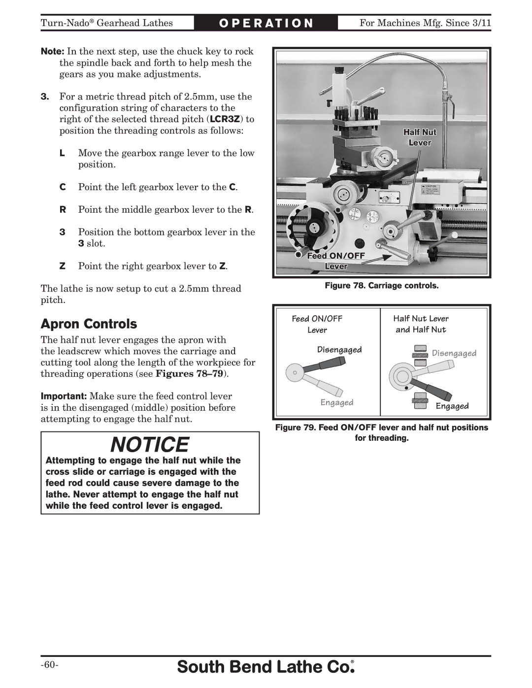 Southbend SB10146PF owner manual Apron Controls, Disengaged 