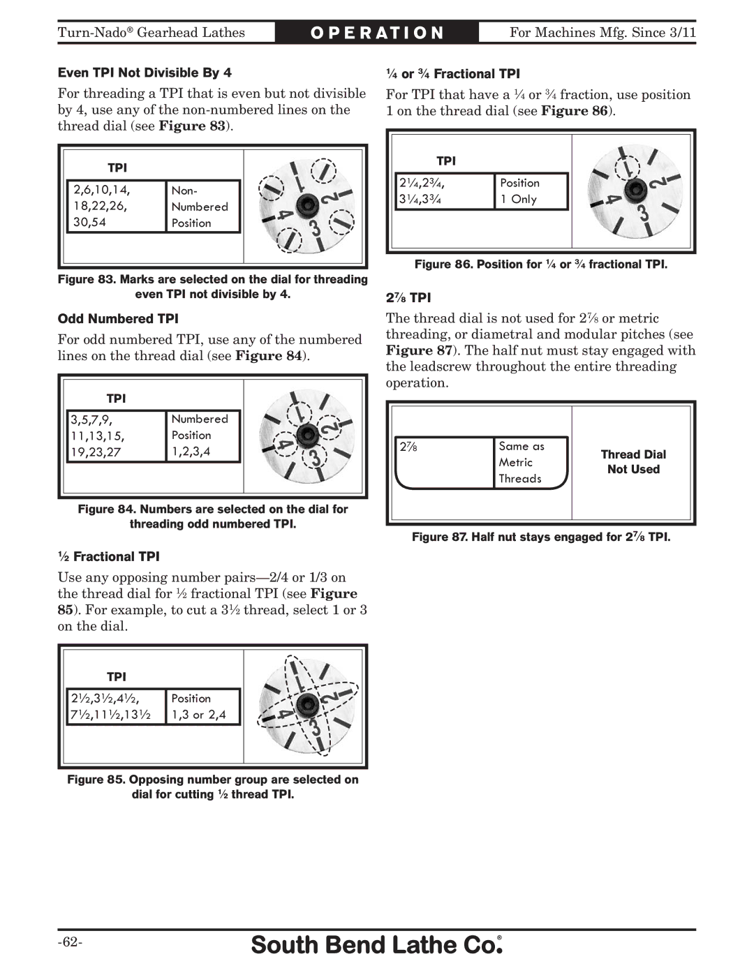 Southbend SB10146PF Even TPI Not Divisible By, Odd Numbered TPI, ⁄2 Fractional TPI, ⁄4 or 3⁄4 Fractional TPI, 27⁄8 TPI 