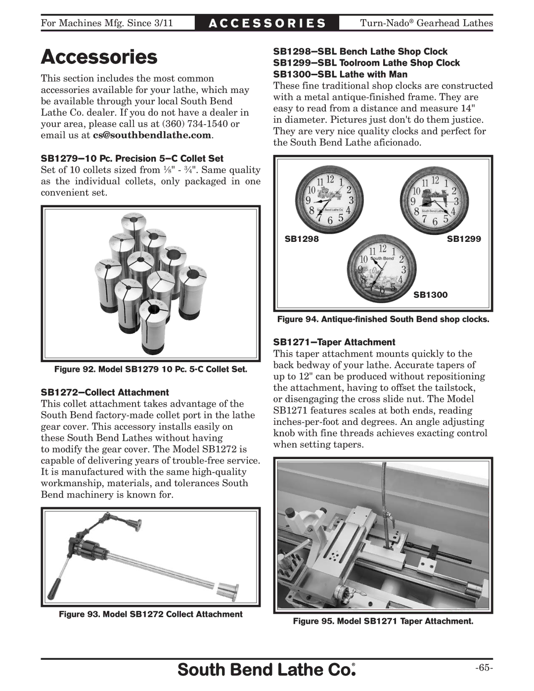 Southbend SB10146PF owner manual Accessories, SB1279-10 Pc. Precision 5-C Collet Set, SB1272-Collect Attachment 