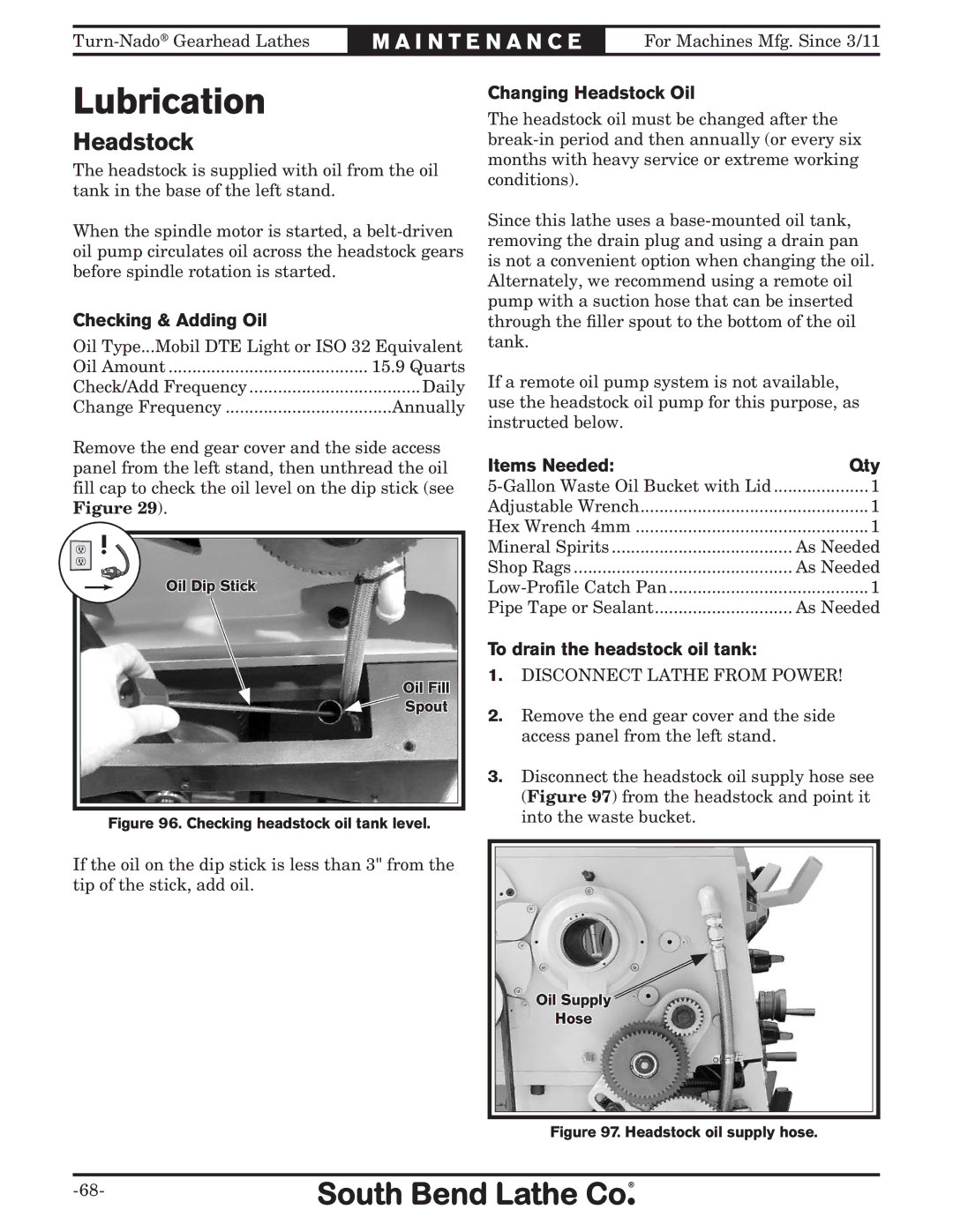 Southbend SB10146PF owner manual Lubrication, Checking & Adding Oil, Changing Headstock Oil, Items Needed Qty 