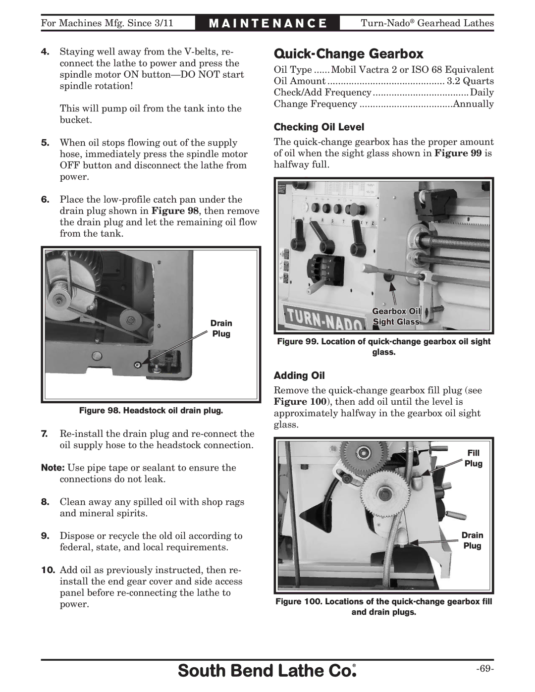 Southbend SB10146PF owner manual Quick-Change Gearbox, Checking Oil Level, Adding Oil 