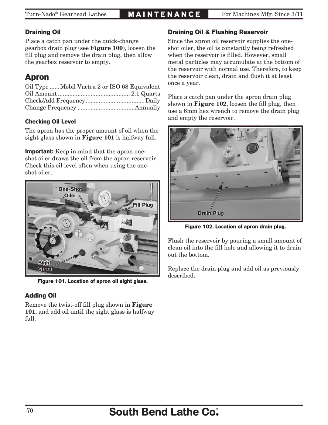 Southbend SB10146PF owner manual Apron, Draining Oil & Flushing Reservoir, Checking Oil Level 