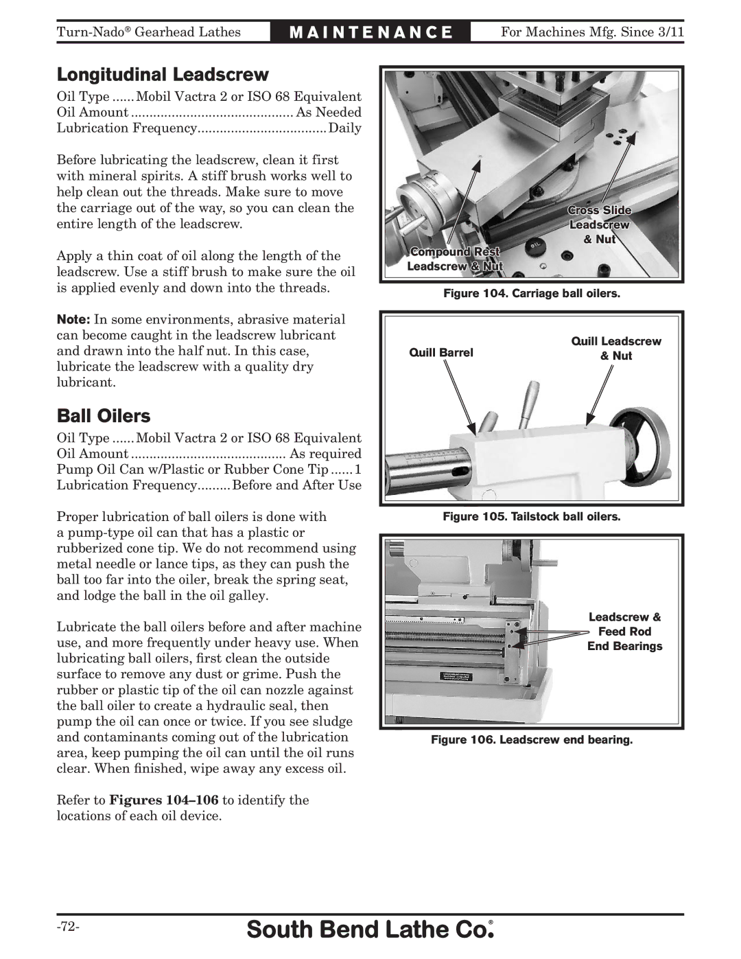 Southbend SB10146PF owner manual Longitudinal Leadscrew, Ball Oilers 