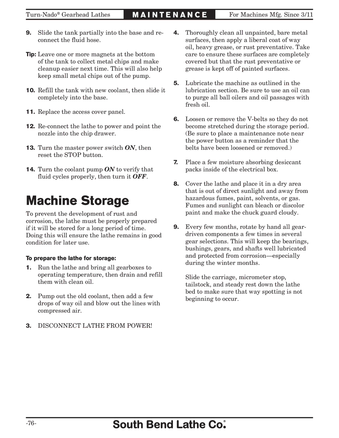 Southbend SB10146PF owner manual Machine Storage, To prepare the lathe for storage 