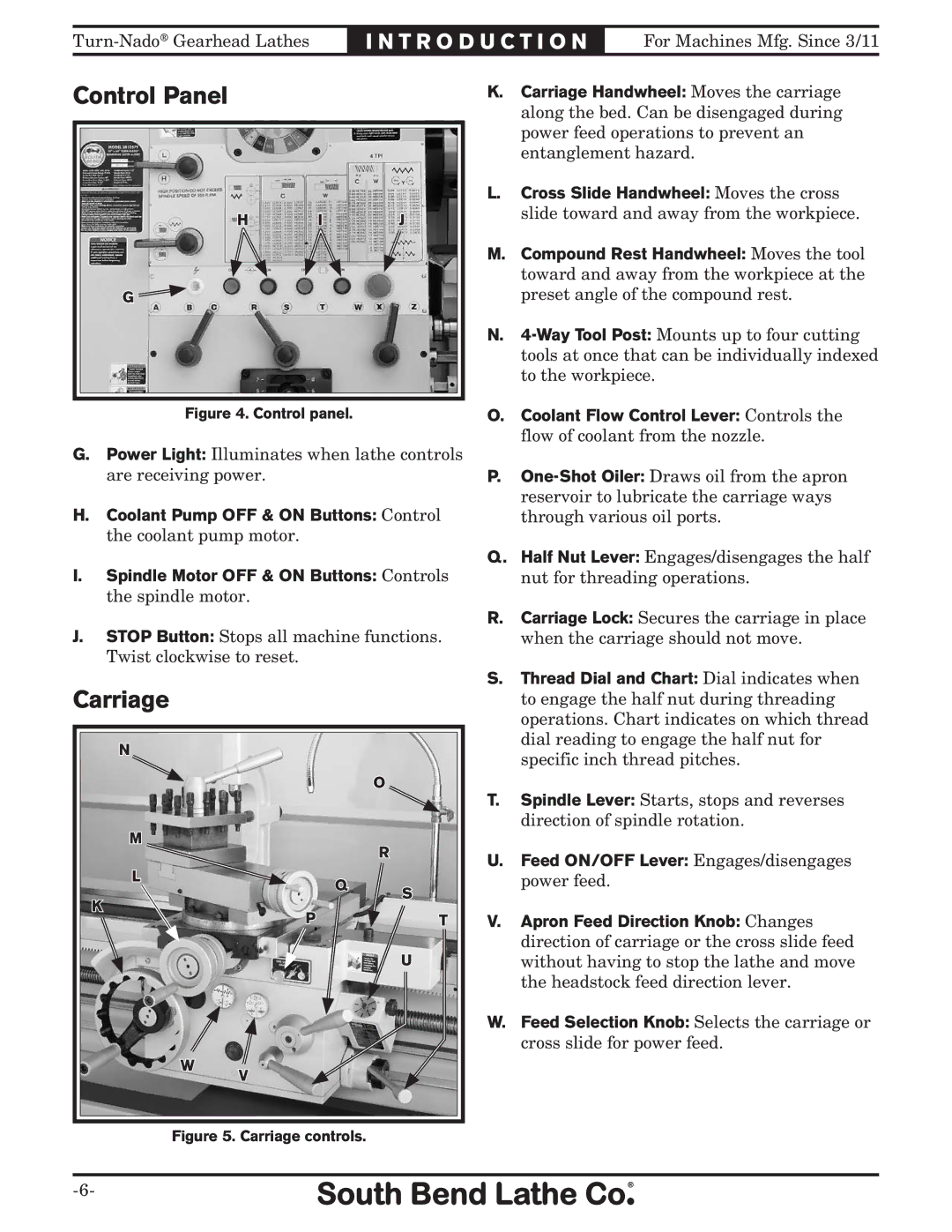 Southbend SB10146PF owner manual Control Panel, Carriage 