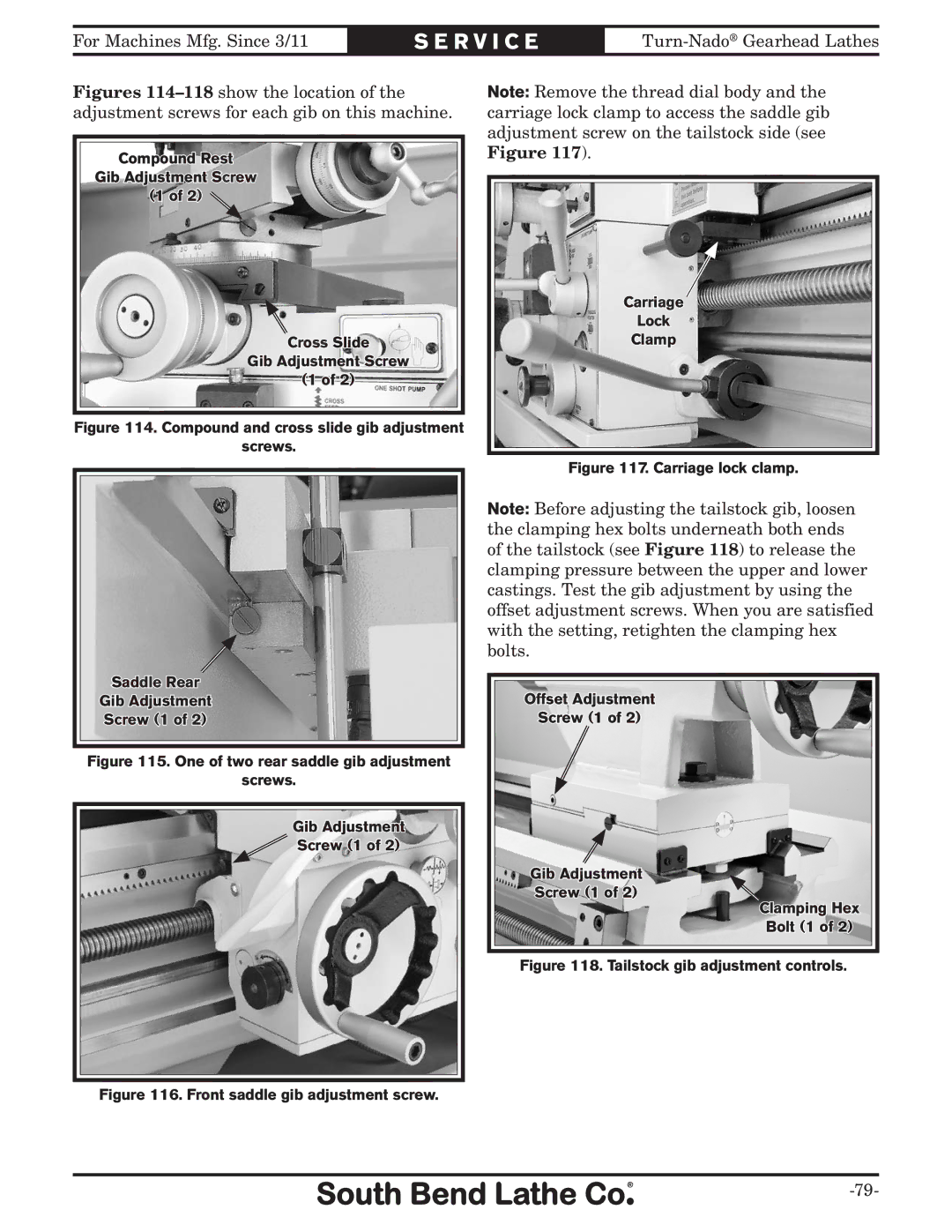 Southbend SB10146PF owner manual Front saddle gib adjustment screw Carriage Lock Clamp 