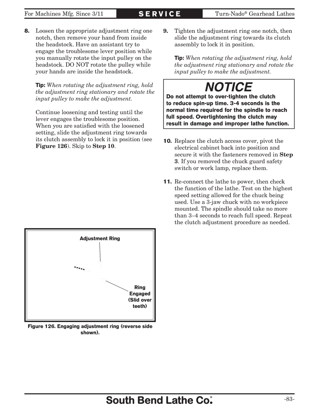 Southbend SB10146PF owner manual Engaging adjustment ring reverse side Shown 