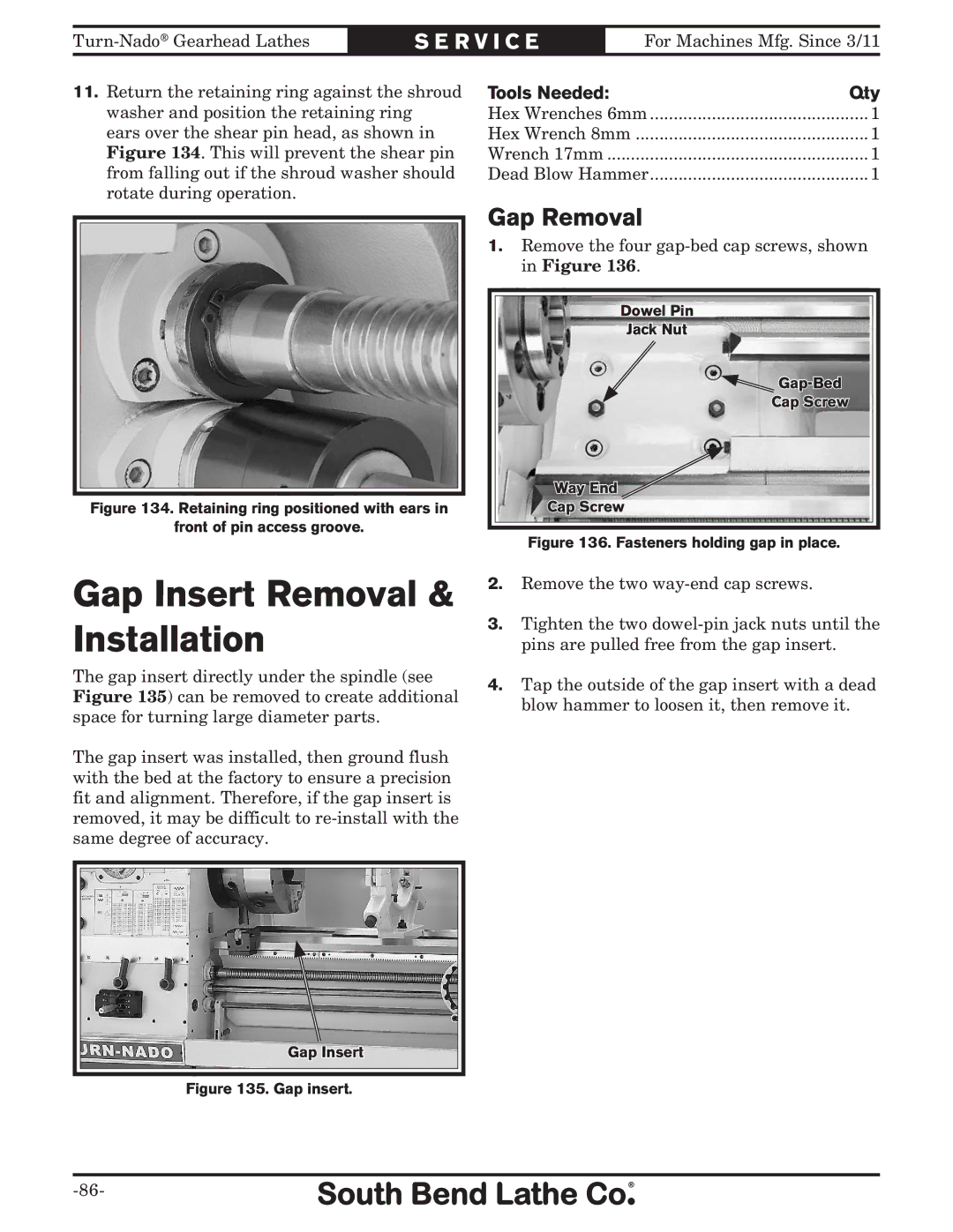 Southbend SB10146PF owner manual Gap Insert Removal & Installation, Gap Removal 