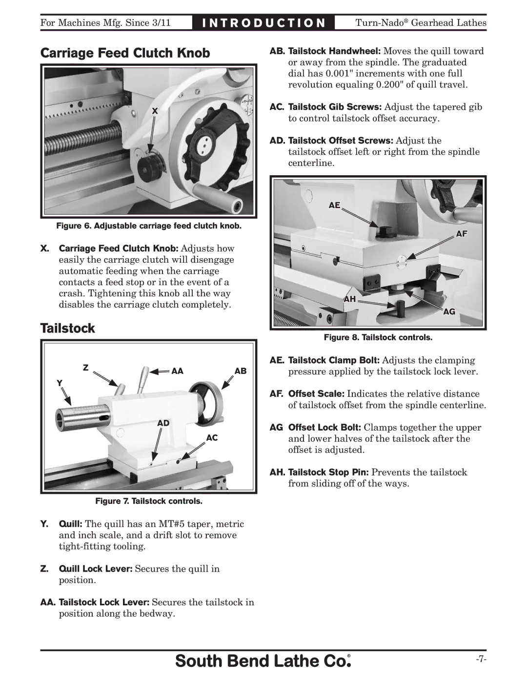 Southbend SB10146PF owner manual Carriage Feed Clutch Knob, Tailstock 