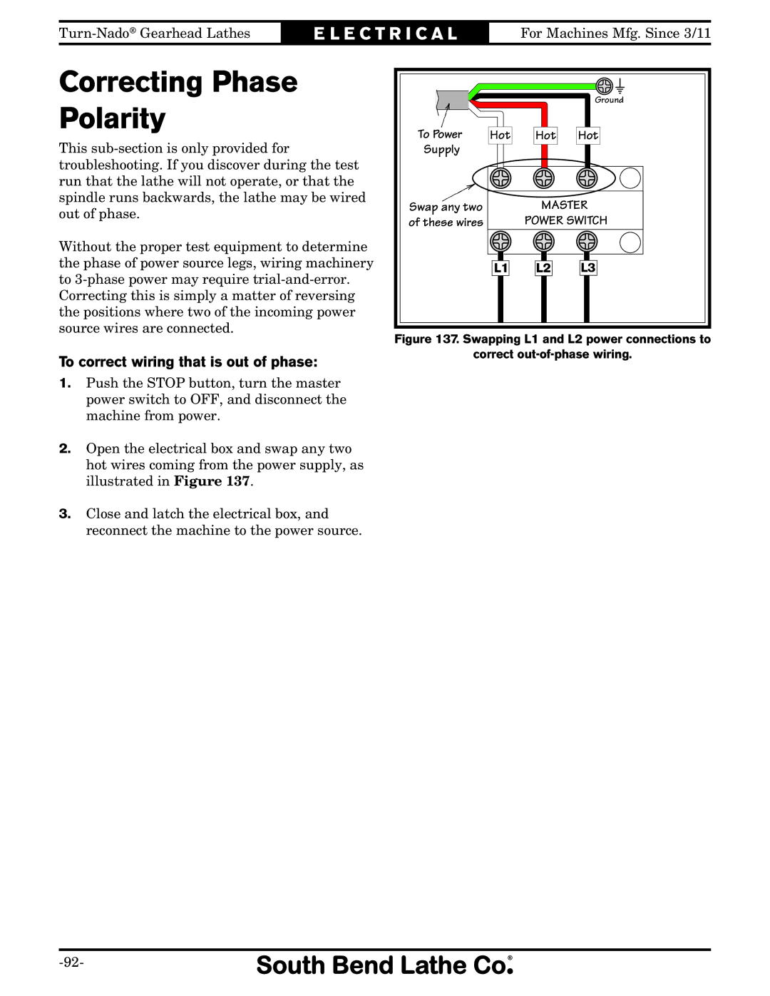 Southbend SB10146PF owner manual Correcting Phase Polarity, To correct wiring that is out of phase 