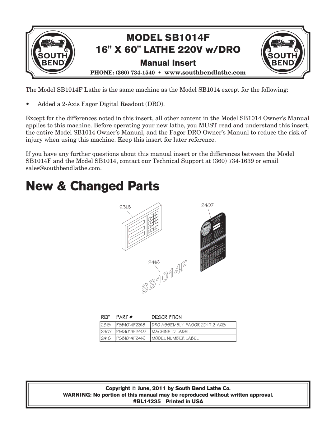 Southbend SB1014F specifications New & Changed Parts, Manual Insert 