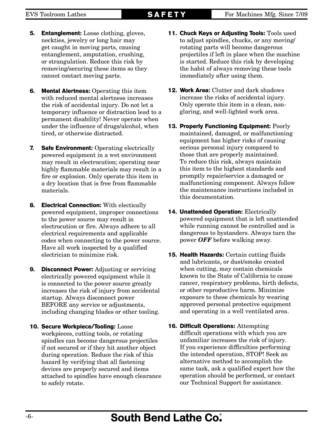 Southbend SB1014F specifications F E T Y 