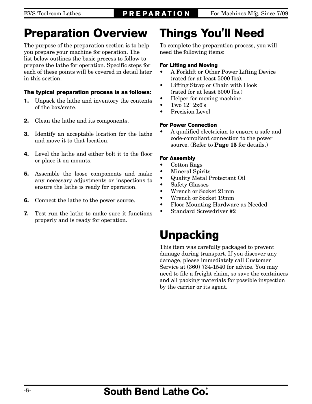 Southbend SB1014F Preparation Overview, Things Youll Need, Unpacking, Typical preparation process is as follows 