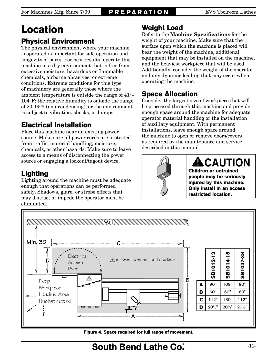 Southbend SB1014F specifications Location 