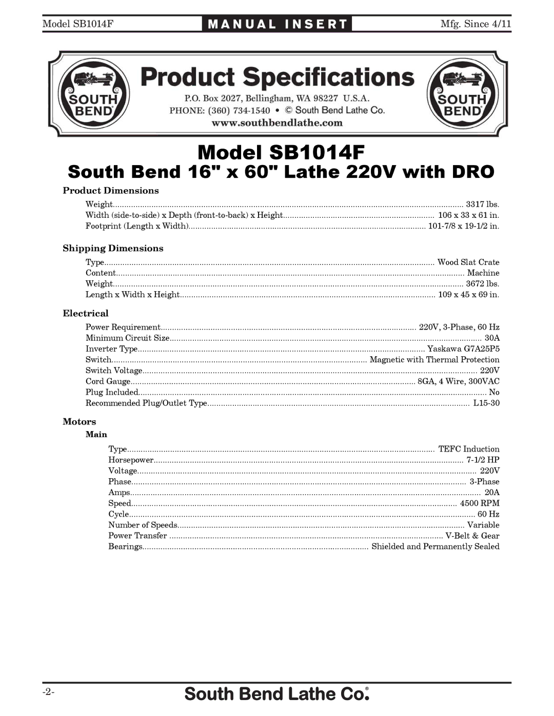 Southbend SB1014F specifications 0RGHO6% 