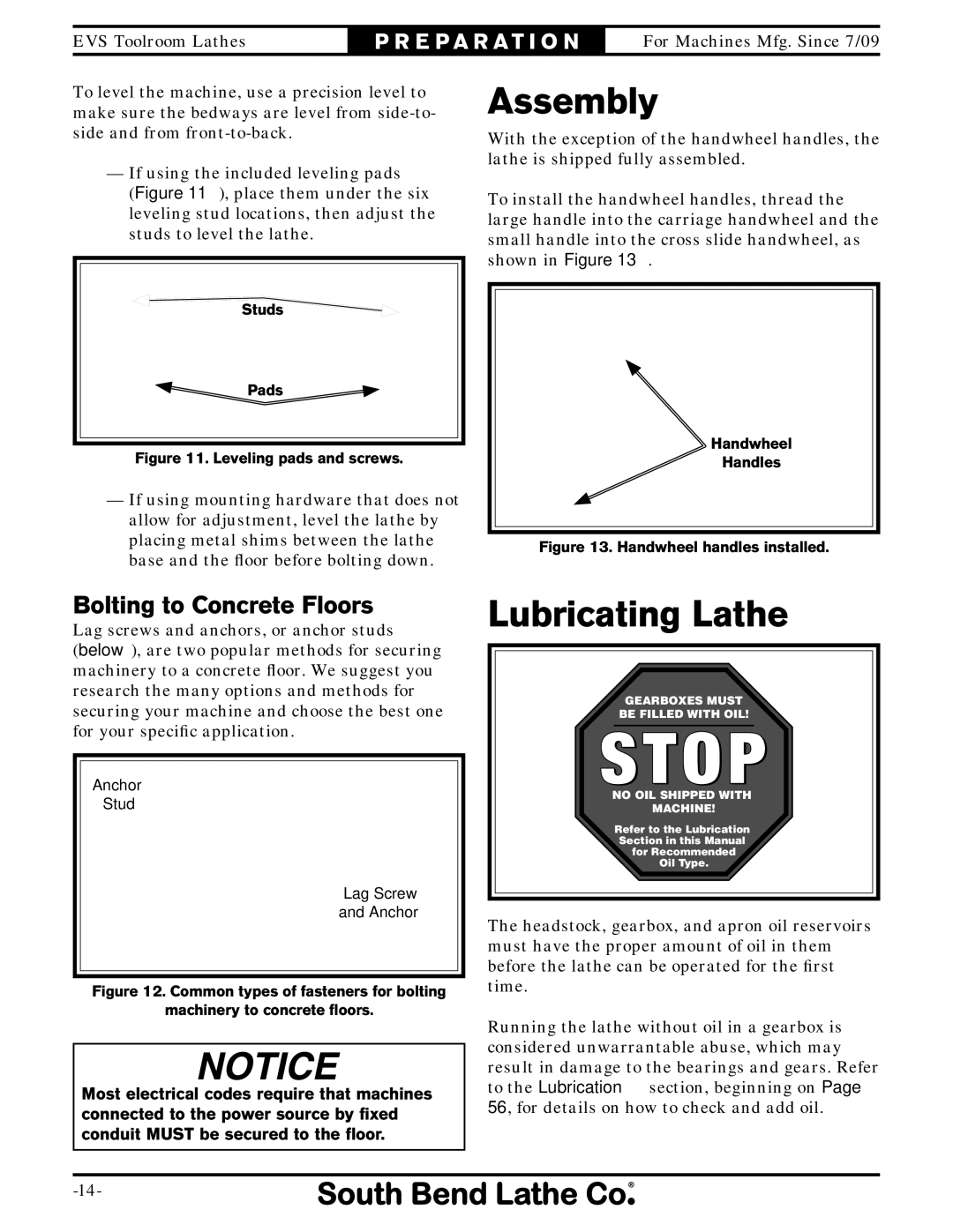 Southbend SB1014F specifications Assembly, Lubricating Lathe, Bolting to Concrete Floors 