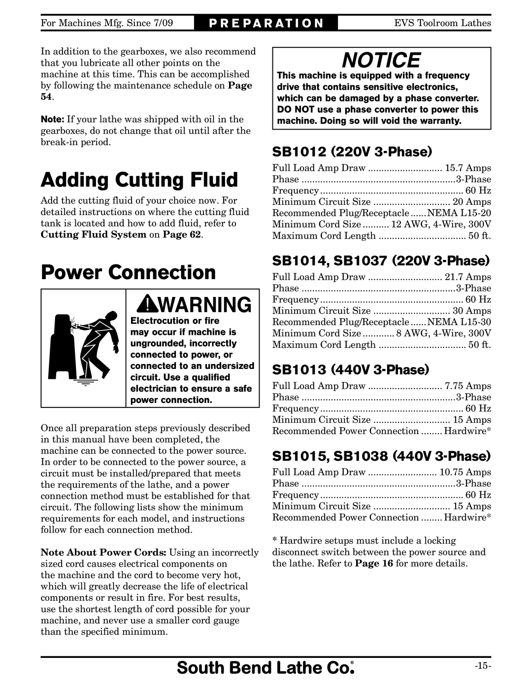 Southbend SB1014F specifications Adding Cutting Fluid, Power Connection 