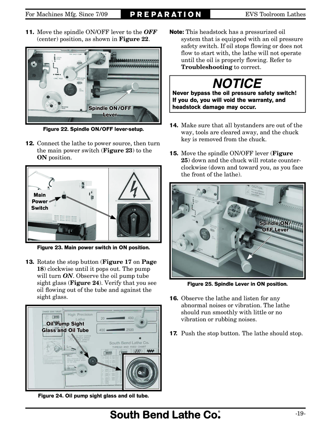 Southbend SB1014F specifications Spindle ON/OFF lever-setup 