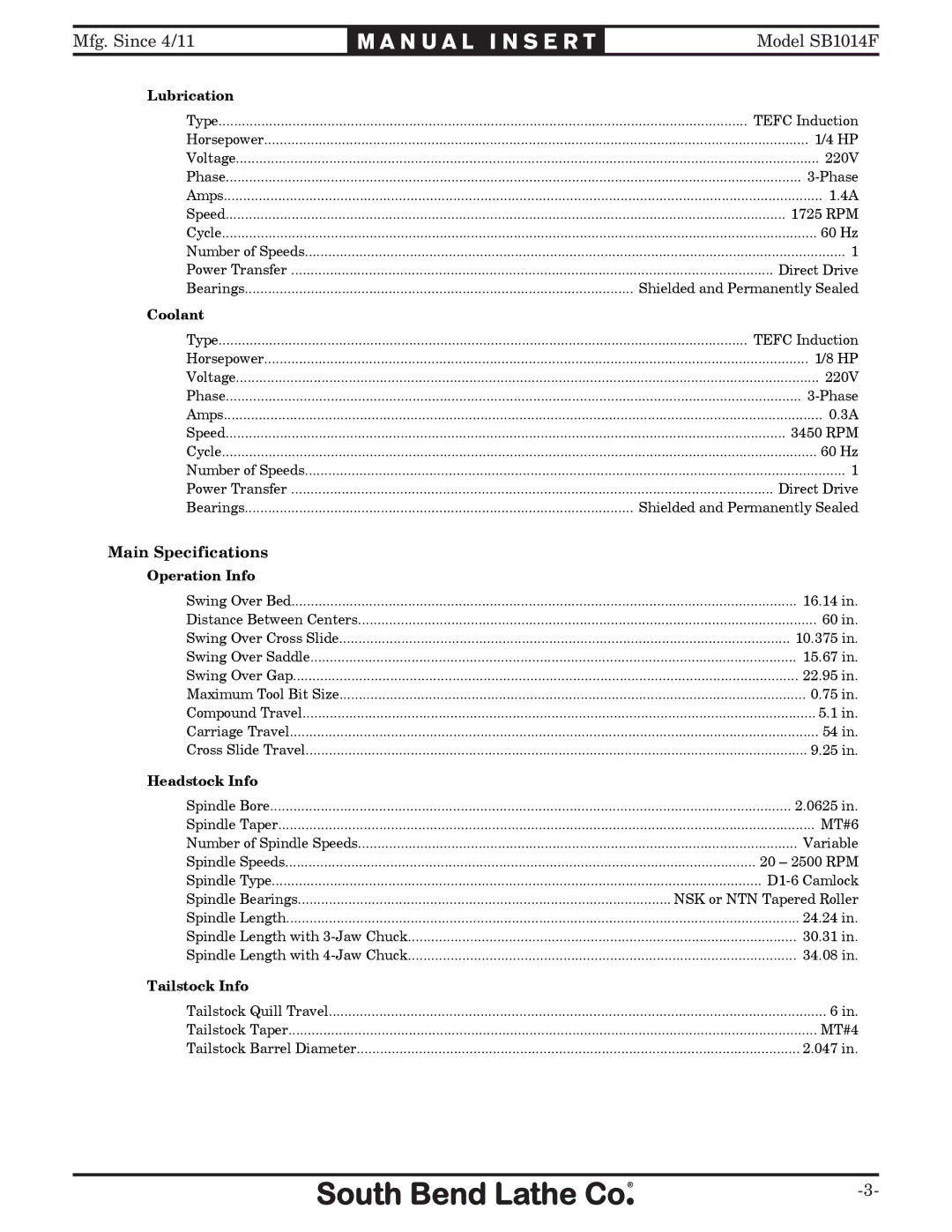 Southbend SB1014F specifications CKP5RGEKHKECVKQPU 